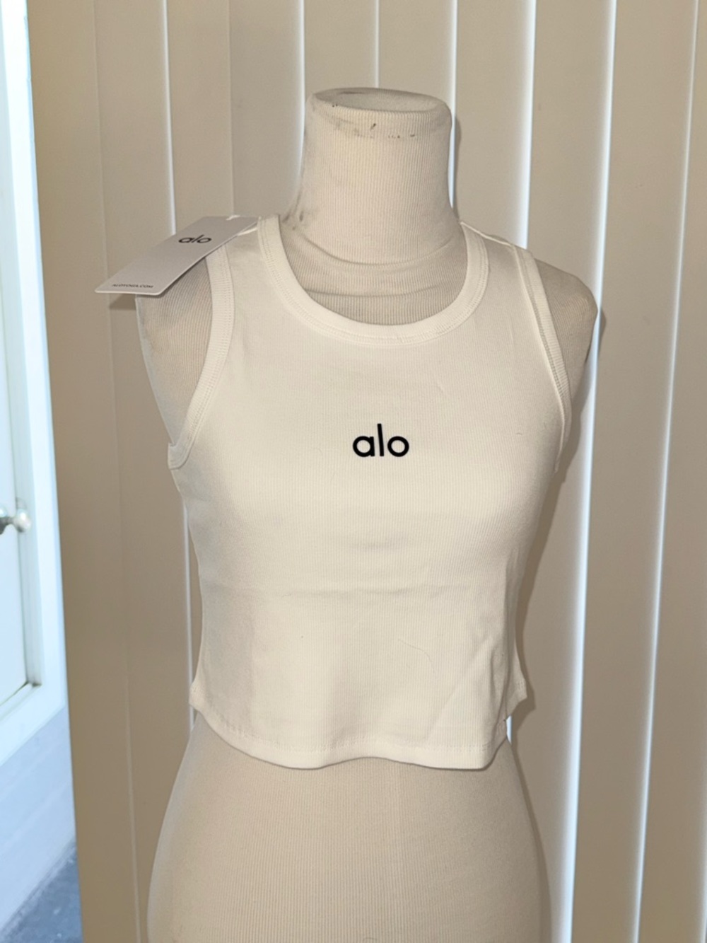 ALO Yoga White Ribbed Crop Tank with Black Logo